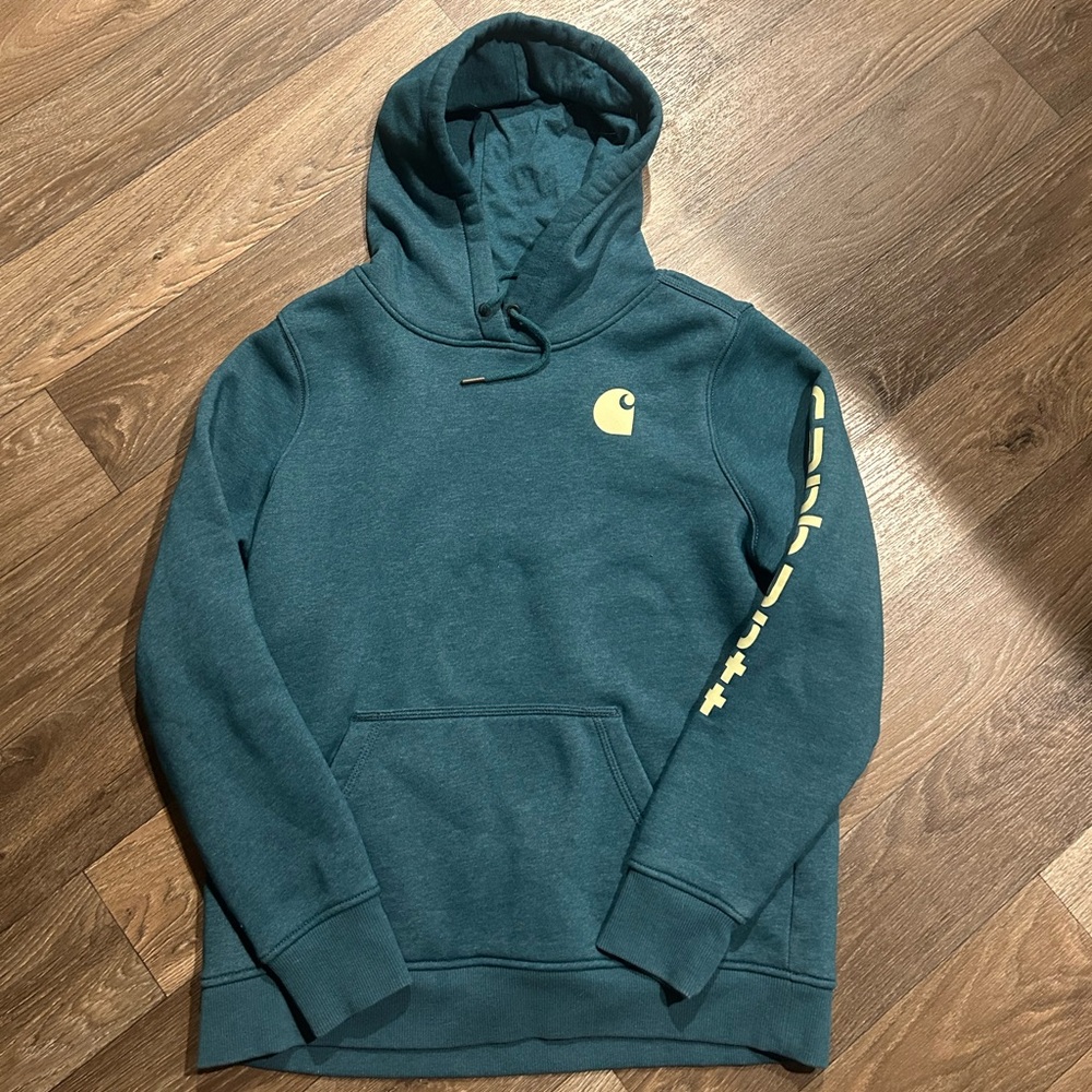 Carhartt Teal Hoodie with Yellow Logo